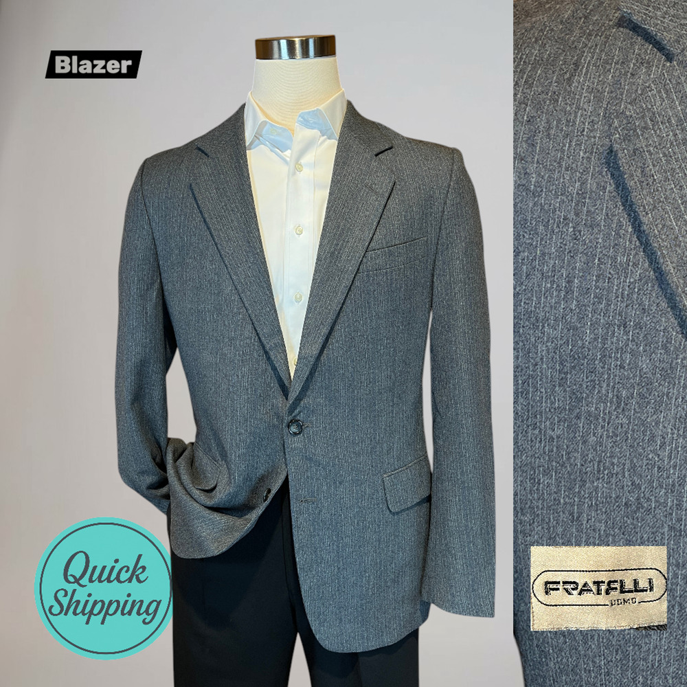 Vintage Fratelli Uomo 40-42L Gray Muted Cobalt Blue Stripe Blazer Flannel Finish